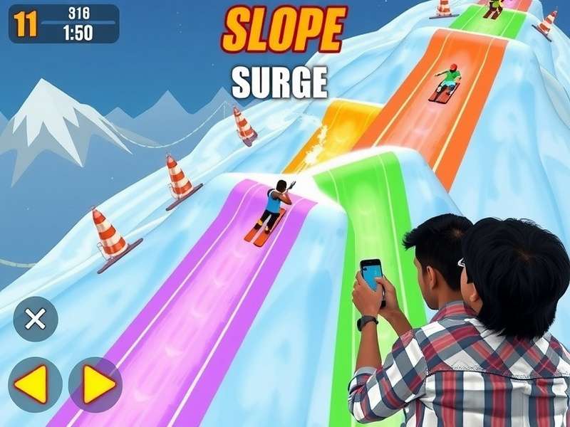 Slope Surge gameplay screenshot showing colorful slopes and obstacles